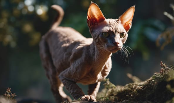 A hairless cat with large ears stands on a thick tree branch, looking intently off to the side. The cat is light brown and gray with dark eyes. It is standing in a forest with greenery blurred in the background.