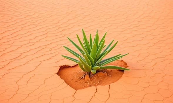 A single plant with long, green leaves thrives in the middle of a large patch of cracked orange sand in a desert. The plant is surrounded by a small, circular area of sand that is slightly lighter in color than the surrounding sand. The cracked sand creates a unique pattern.