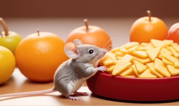 A gray mouse stands near a bowl filled with triangle pieces of cheese. There are also several pieces of fruit in the background.