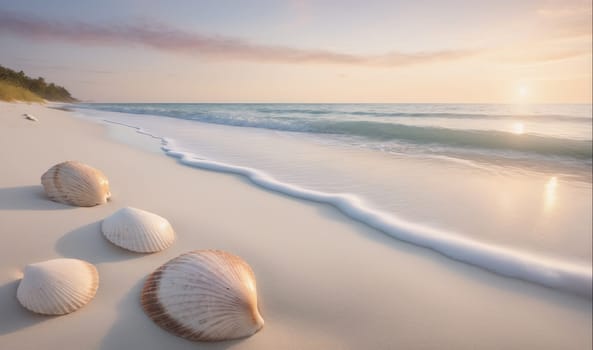The image shows four seashells lying on a sandy beach as a wave recedes, leaving a line of white foam in its wake. The beach is empty and the water is calm, with a clear sky overhead. The sun is shining and the light is warm and inviting.