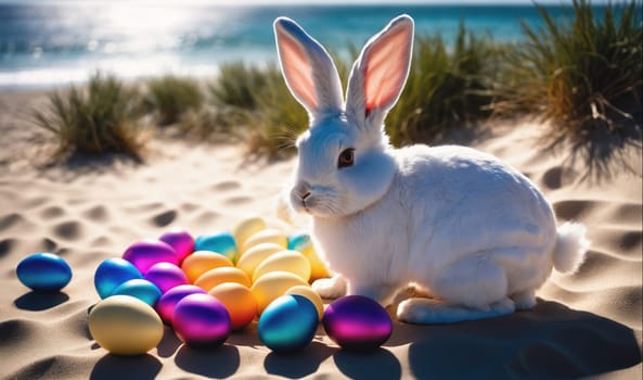 A white rabbit sits on the beach near a pile of Easter eggs. The rabbit has long, white fur and long ears. The eggs are a variety of colors, including blue, purple, yellow, and orange. The beach is sandy and there is grass in the background.