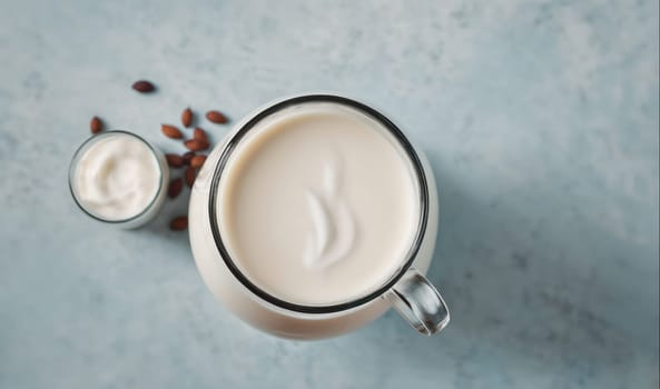 A pitcher and glass of almond milk are shown from a high angle on a blue countertop. Scattered almonds can be seen around the pitcher and glass.