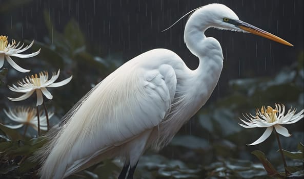 A white egret stands in the rain, surrounded by white flowers. Rain falls around the bird, which is focused on something off-screen to the right. Its head is turned to the side, and its beak is slightly open. The bird's feathers are ruffled from the rain, and its long legs are visible.