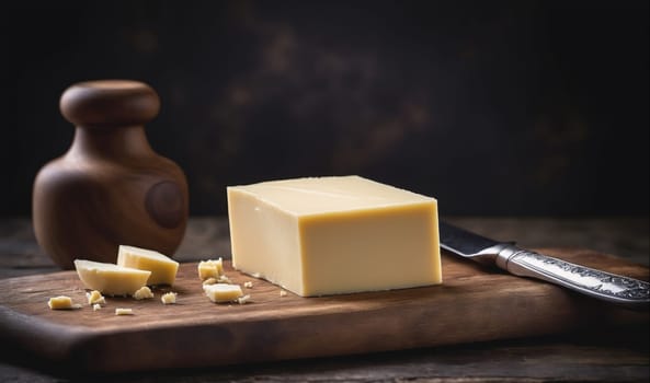 A block of butter is on a wooden cutting board. There is a butter knife lying on the board and pieces of butter nearby.