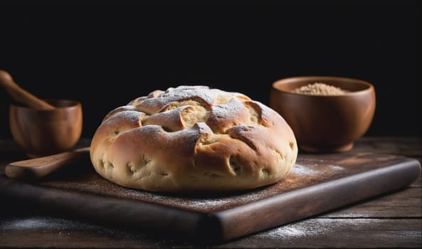 A freshly baked loaf of bread, dusted with flour, sits on a wooden cutting board with a wooden bowl of flour behind it.