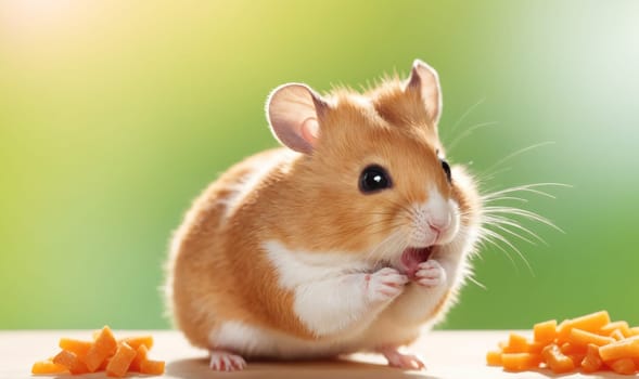 A small brown hamster with white patches is eating a treat. The hamster is sitting on a wooden surface with a pile of orange treats in front of it. The hamster's eyes are closed and it is chewing on the treat with its small mouth. The background is a blurred green and yellow.