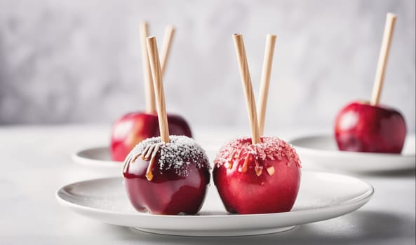 Three red apples on wooden sticks have been dipped in chocolate and sprinkled with powdered sugar. The apples sit on a white plate. Another apple can be seen in the background on a similar plate.
