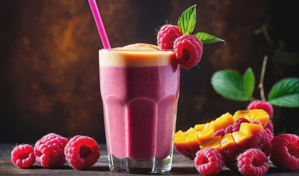 The image shows a tall glass of pink smoothie with raspberries, a pink straw, and a piece of sliced mango. There are a few raspberries on the table in front of the glass, and a green leaf of the raspberry plant.
