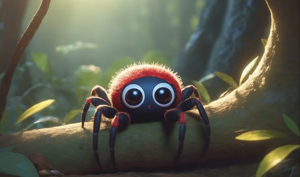 A cute, red and black spider with large eyes sits on a branch in a forest setting. The spider has a fuzzy red cephalothorax and long black legs with red stripes. The branch is in the foreground, and the background is blurred and green.