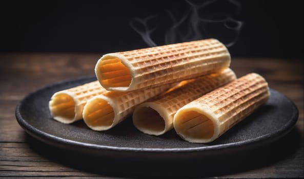 A stack of freshly baked waffle cones sits on a black plate. The cones are steaming and have a crispy texture. The plate is on a wooden table, which suggests the cones are ready to be filled with ice cream or other treats.
