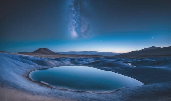 The image shows a small, blue lake surrounded by sand dunes. In the distance, a small, dark hill can be seen. The night sky is filled with stars, and the Milky Way is visible. The image was likely taken in a desert region with a clear night sky.