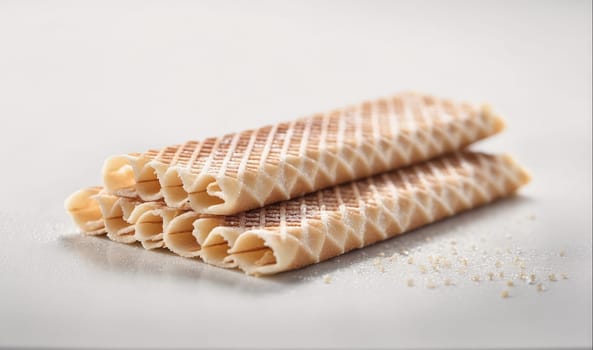 Stacked waffle cookies on a white surface with some crumbs. The cookies are thin and have a waffle pattern on them.