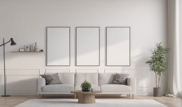 A white sofa with pillows sits in a living room with three empty picture frames above it. A small plant rests on the coffee table in front of the sofa. A larger plant in a pot sits on the right side of the image next to a large window.