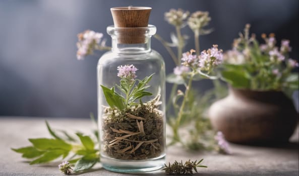 A glass jar with a cork lid sits on a table with a gray backdrop. The jar contains dried herbs and a small flowering plant. In the background, other plants are out of focus.