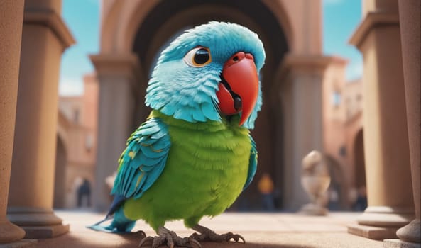A blue and green parrot stands on a stone surface, looking to the right, against the backdrop of a stone building with arches. The parrot's head is tilted to the side, and its feathers are ruffled. The background is out of focus, suggesting that the parrot is in a courtyard or other outdoor setting. The parrot's bright colors stand out against the muted tones of the building.