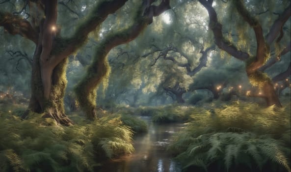 The image shows a winding stream flowing through a thick forest. Sunlight filters through the leaves of the tall trees, creating a dappled effect on the ground. The air is filled with mist, adding to the mystical atmosphere. There is a sense of peace and tranquility in the scene.