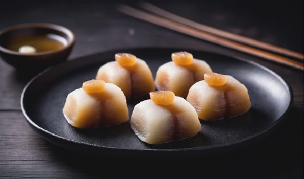 Five mochi with orange marmalade are arranged on a black plate, with a small bowl of sauce and chopsticks in the background. The mochi are light brown and white, with a shiny glaze. The plate and background are black, which highlights the colorful mochi.
