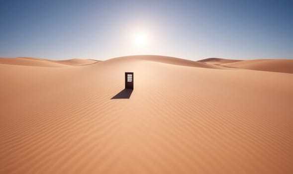 The image shows a single door standing alone in the middle of a desert landscape under a bright, white sun in a clear blue sky. The desert is covered in soft, brown sand dunes that stretch out in all directions. The door is a simple, black silhouette with a single window in the middle. Its long shadow stretches out in front of it across the sand.