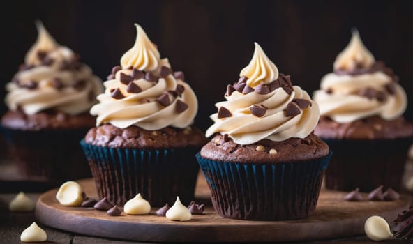 A close-up view of three chocolate cupcakes with vanilla frosting and chocolate chips on a wooden board. The cupcakes are in focus, and the background is blurred.
