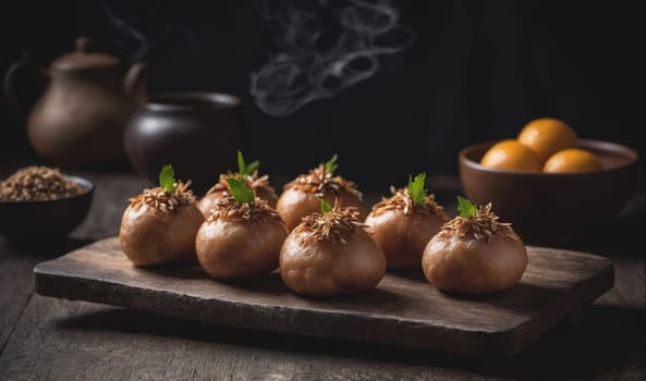 The image shows six golden-brown buns topped with shredded coconut and a sprig of parsley, sitting on a wooden cutting board. The buns are arranged in a row on the board, with steam rising from the top of the buns. In the background, there are three more buns in a wooden bowl.