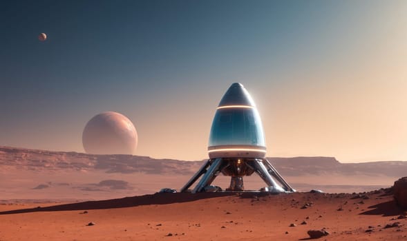 A futuristic spacecraft is sitting on a red planet, likely Mars, under a sky with two moons. The spacecraft has a silver, egg-shaped body with a glowing blue ring around the middle. Its legs are extended, and it is resting on the red sand.