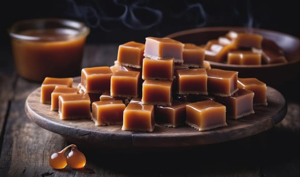 A group of caramel candies sit on a dark wooden platter. The candies are all square and have a shiny, caramel glaze. There is a small bowl of caramel sauce in the background.