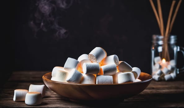 A bowl of marshmallows sits on a wooden table. The marshmallows are steaming from the heat of a nearby candle. The candle is in a glass jar with sticks sticking out of the top. There are also a few marshmallows around the candle.