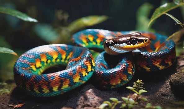 A colorful snake, with blue, green, yellow, and orange scales, rests on a bed of leaves in a tropical rainforest. The snake's head is raised, and it appears to be alert to its surroundings. The leaves and branches surrounding the snake create a beautiful backdrop for this mesmerizing creature.