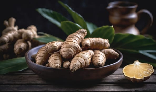 A bowl of ginger roots is displayed on a wooden table, surrounded by green leaves and a brown pitcher. The ginger roots are stacked neatly in the bowl, with some spilling out onto the table. The leaves are arranged around the bowl, creating a natural frame for the ginger roots. The pitcher is out of focus in the background, adding depth to the image.