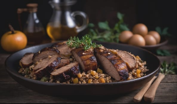 A close-up image of a plate of grilled meat with rice and thyme, sitting on a wooden table. The plate is black and the meat is dark brown. The rice is white and the thyme is green. The table is dark brown and there are some eggs in the background.