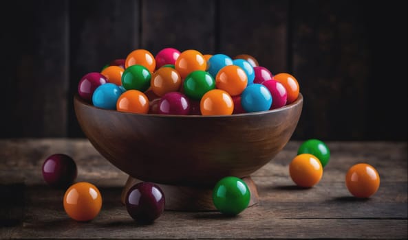 A bowl of colorful gumballs is overflowing onto a rustic wooden table. The bowl is brown, wooden, and round. A few gumballs have fallen out of the bowl and rest on the table around it. The gumballs are various colors, including orange, blue, red, green, and purple. The background is dark and blurry, emphasizing the bright colors of the gumballs.