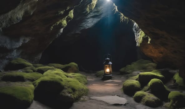 A lantern sits on a pathway of rocks covered in moss, illuminated by sunlight streaming through the opening of a cave. The lantern casts a warm glow on the surrounding rocks.