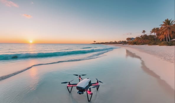 A drone sits on the white sand of a tropical beach at sunset. The ocean is behind the drone, and palm trees are visible in the background. The sun is setting over the horizon. The water is calm, and the sky is a beautiful mix of pink, orange, and blue.