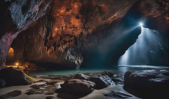The image shows a dark cave with a beam of sunlight shining in from the opening. The cave is filled with rock formations and stalactites hanging from the ceiling. In the foreground, a sandy floor with a small pool of water can be seen.
