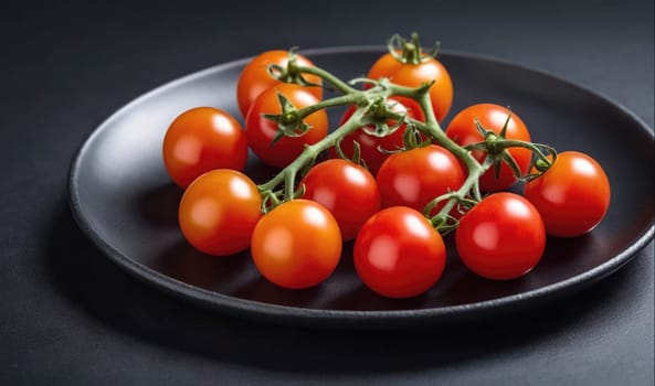 A cluster of red cherry tomatoes sits on a black plate on a dark grey surface. The tomatoes are still attached to the vine and have green stems and leaves.