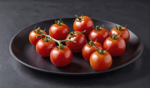 A plate of red tomatoes arranged on a black background. They have green stems and some are still attached to the vine.