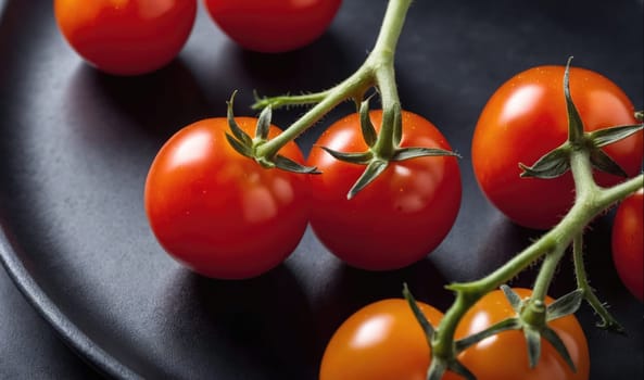Several ripe red tomatoes are arranged on a black plate. Some tomatoes are still attached to the vine, while others are resting next to them.