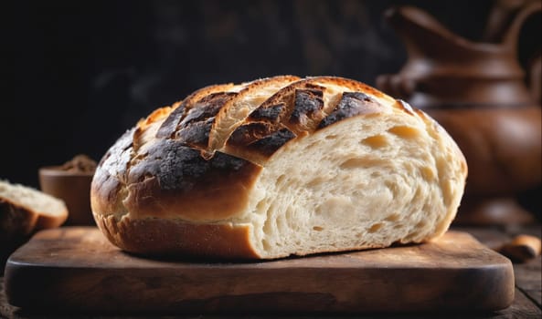 A freshly baked loaf of bread sits on a wooden cutting board. The bread has a crispy crust and a soft, fluffy interior.