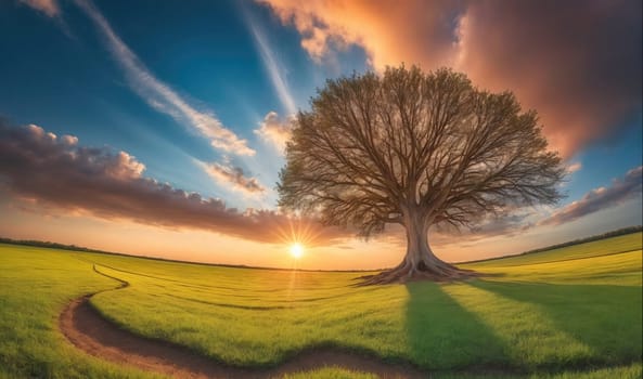 A single tree is standing in a green field of grass. The sun is setting behind it, casting long shadows across the field. There is a dirt path winding through the grass toward the tree. The sky is a mixture of blue and orange with clouds and a bright sun shining behind the tree.