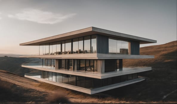 This image features a modern, multi-level house with large windows, constructed of concrete and glass, with a flat roof and multiple balconies. The house is located on a hillside with a view of a valley in the distance. The sky is overcast and the light is soft.