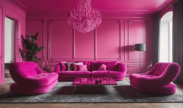 A pink living room with a large sofa, two chairs, and a coffee table. The walls are painted a vibrant pink, and the furniture is upholstered in the same shade of pink. A crystal chandelier hangs from the ceiling. The room also features floor-to-ceiling windows and a large rug.