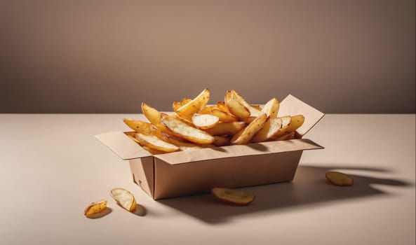 A cardboard box filled with golden-brown potato wedges sits on a light-colored table. Several wedges have spilled out of the box, and a shadow of the box and the wedges is cast onto the table.