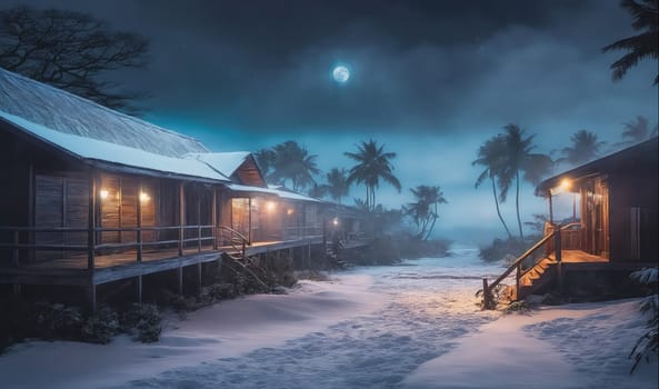 A row of wooden beach houses with lights on sit on a snowy beach under a bright moon. Palm trees are silhouetted in the distance, and the snow reflects the lights from the houses.