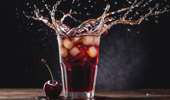A close-up image shows a glass of cola with ice. The cola is splashing out of the glass and there are small droplets of water in the air. A single cherry is sitting on the wooden table next to the glass. The background is black.