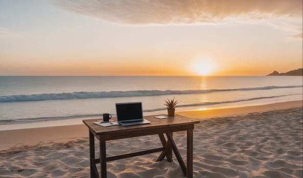 A wooden desk with a laptop, coffee mug, and a small potted plant sits on a sandy beach. The ocean is visible in the background with waves lapping at the shore. The sun is setting in the distance, casting a warm glow over the scene.
