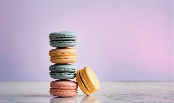 Four macarons are stacked on top of each other, with a fifth macaron lying on its side next to the stack. The macarons are blue, pink, and yellow. The background is a soft purple, fading to a lighter pink at the top.