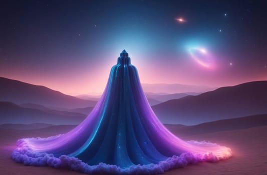 The image depicts a figure wearing a long, flowing gown that is primarily blue and purple in color. The gown's hem is obscured by white clouds. The figure stands on a distant planet, with a night sky filled with stars and galaxies. The horizon is lined with a series of large, rounded hills. The image has a soft, ethereal quality, with a focus on the figure and the celestial backdrop.