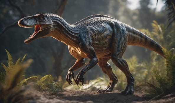 A digitally rendered image of a large, gray, theropod dinosaur walks through a lush forest with green ferns in the foreground. The dinosaur's powerful legs and long tail are visible. Its mouth is open in a ferocious snarl, revealing rows of sharp teeth.