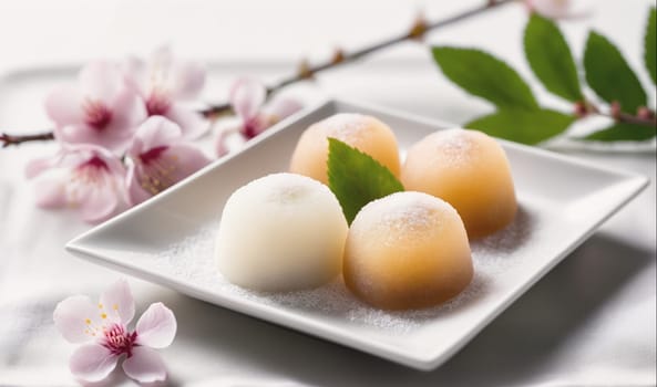 Four mochi on a white plate with pink blossoms and a green leaf sit on a white tablecloth. The mochi are dusted with powdered sugar.