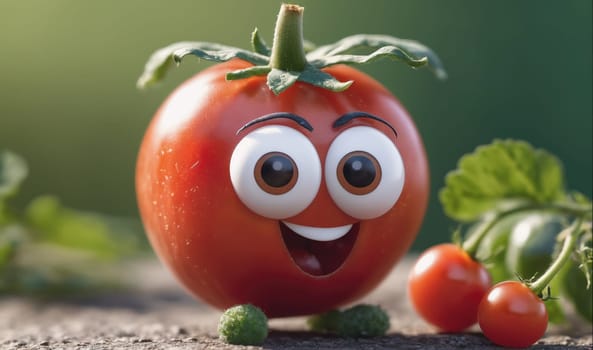A red tomato with googly eyes is smiling in a garden setting. The tomato is surrounded by green leaves and is positioned in front of two smaller tomatoes on a vine. The scene is cheerful and playful.